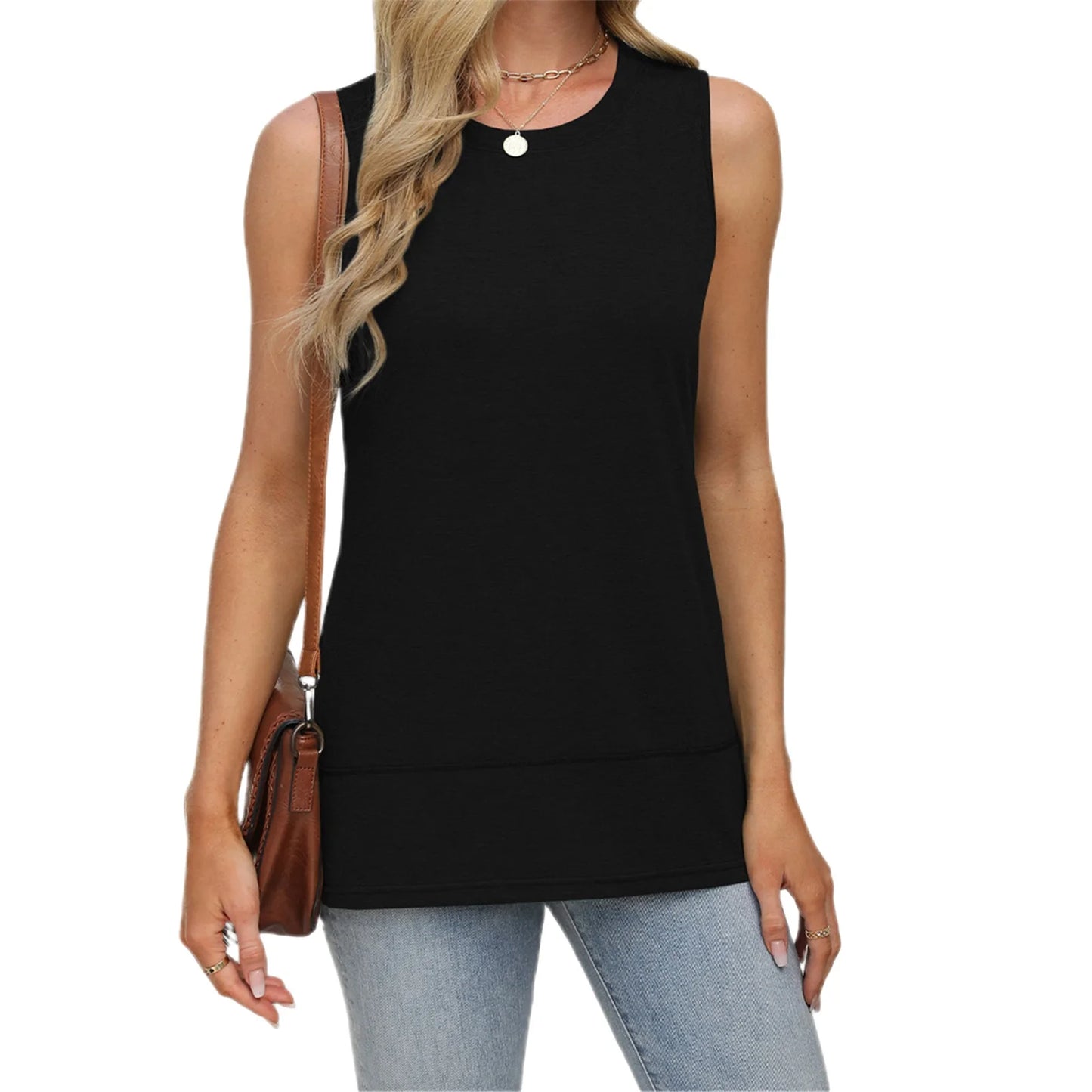 Sleeveless Round Neck Tunic Tank Tops