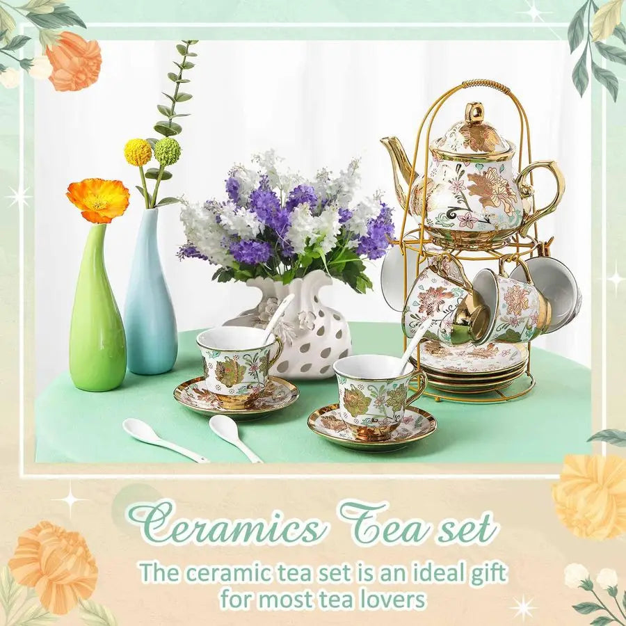 20 Pcs Porcelain Tea Set with Metal Holder and Spoon Adult Ceramic Tea Set European Flower Painting Teapot Cup Saucer