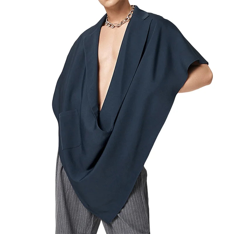 Men Turn-Down Collar Poncho Solid Color Fashion
