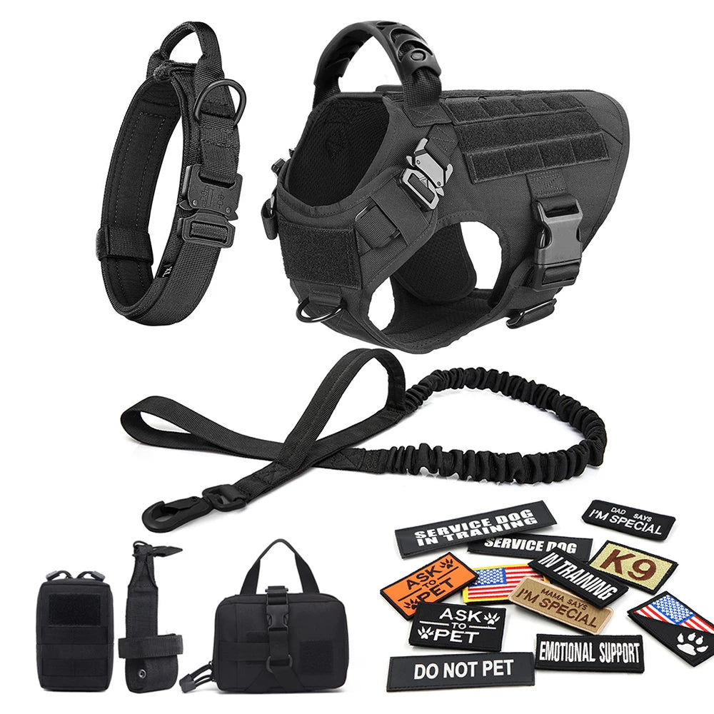 Military Large Dog Harness Collar Leash Bags Patches Set Pet Malinois Training Vests