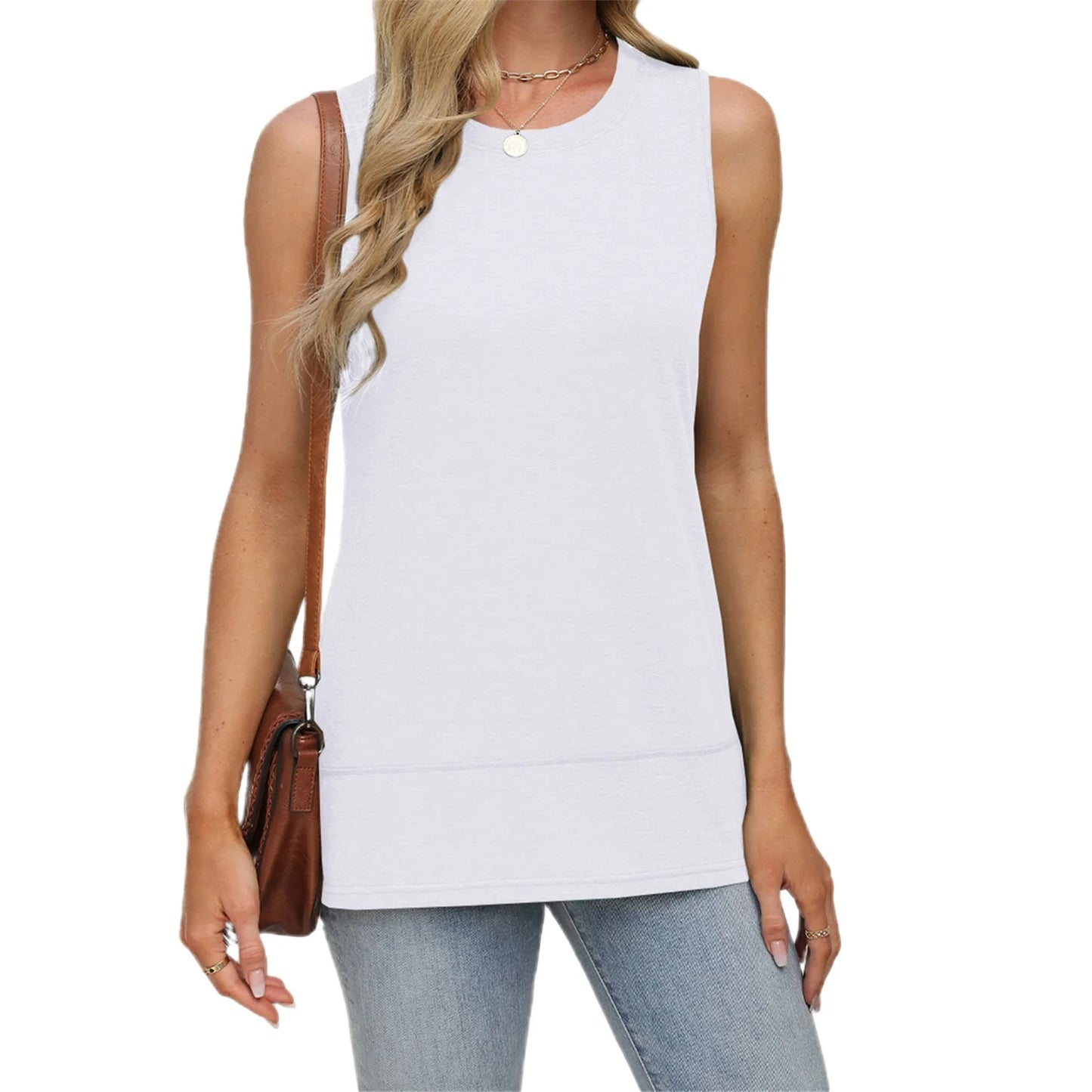 Sleeveless Round Neck Tunic Tank Tops