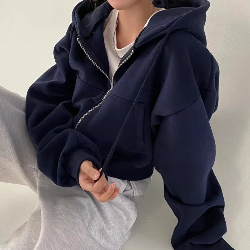 Spring Autumn New Ins fleece-lined Versatile Cropped Slims Smooths Silhouette Zip-up Hooded Sweatshirt Women