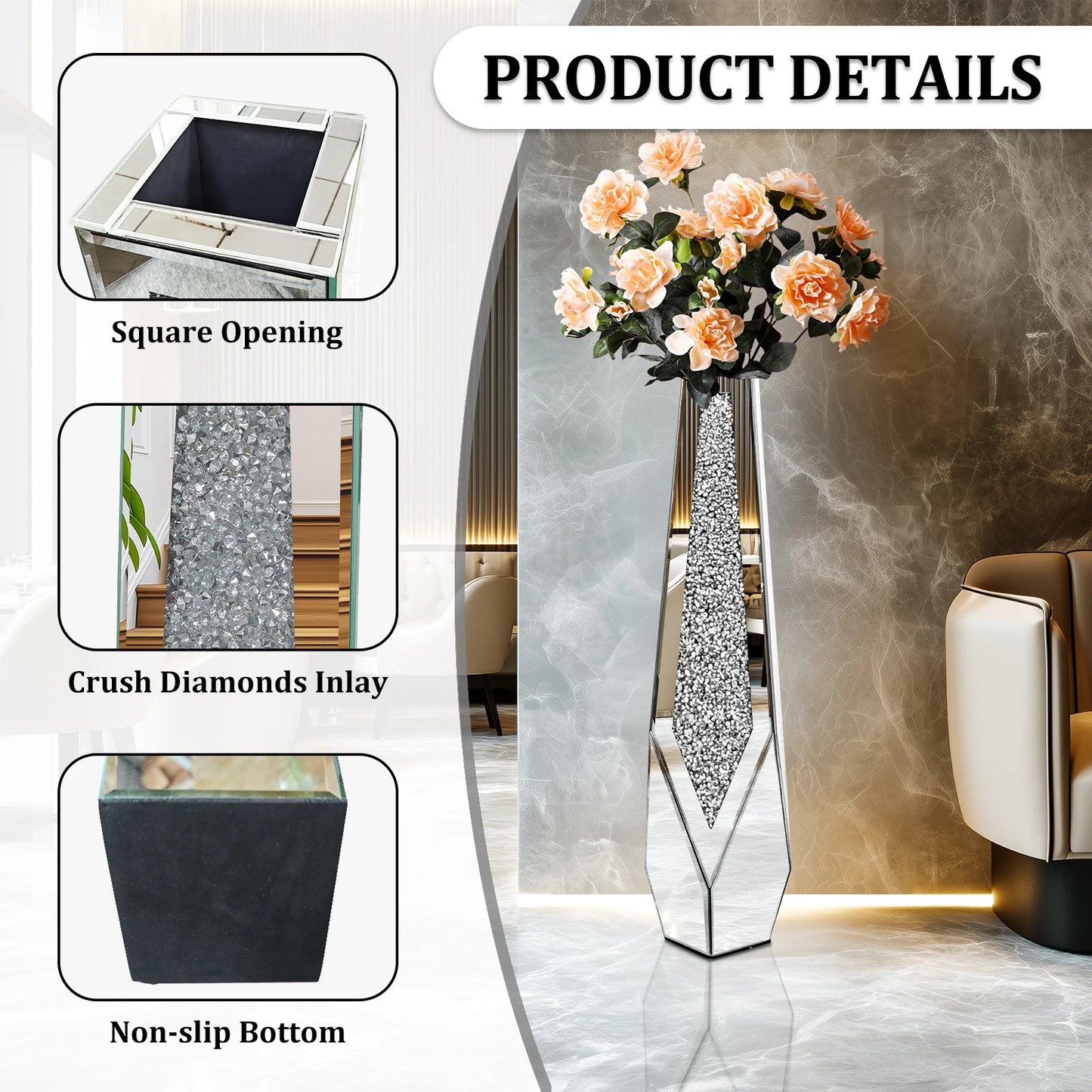 Tall Floor Mirror Vase, Large Crushed Diamond Glass Vase for Home Decor Modern Crystal Centerpiece