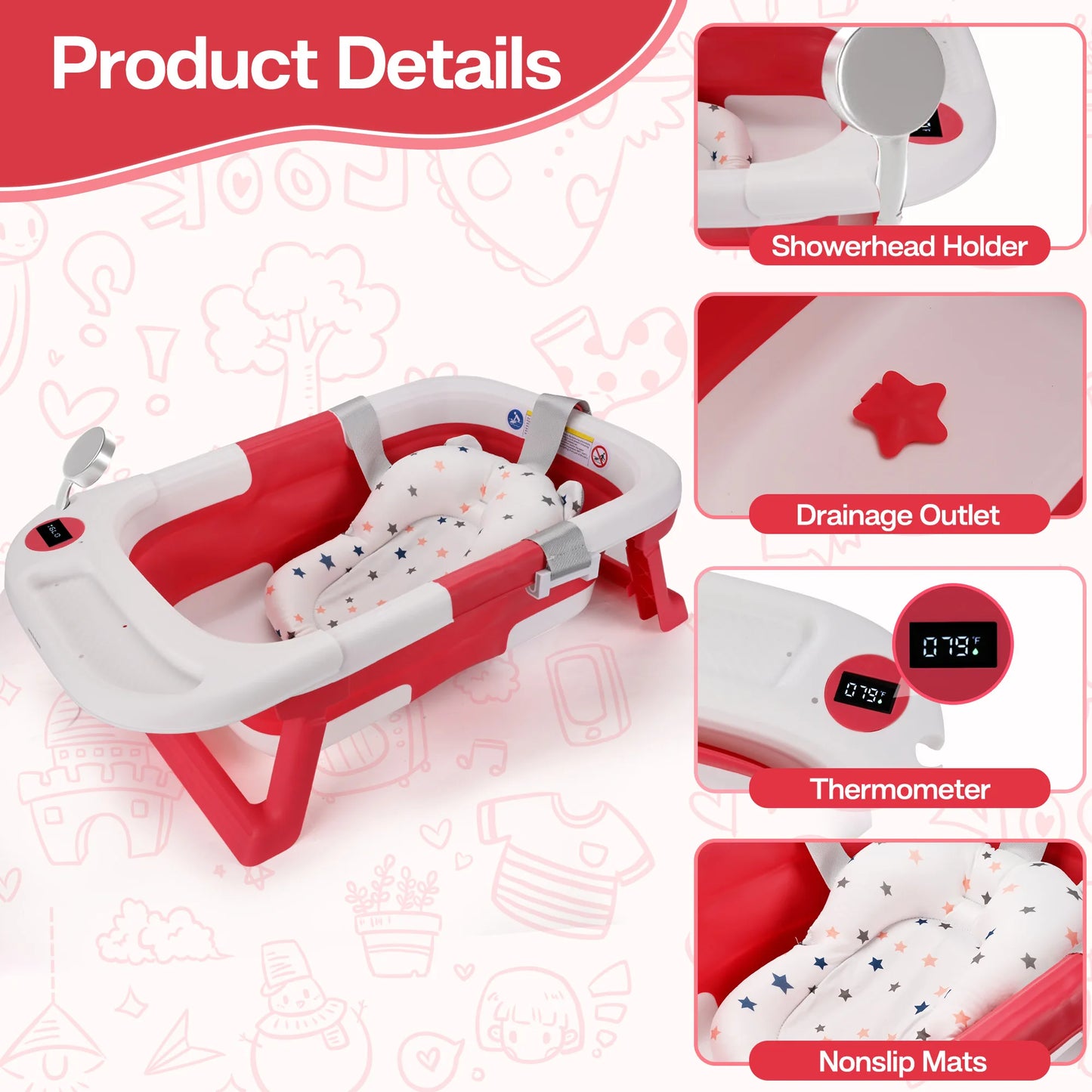 ,Baby Bath Tub with Soft Cushion & Thermometer