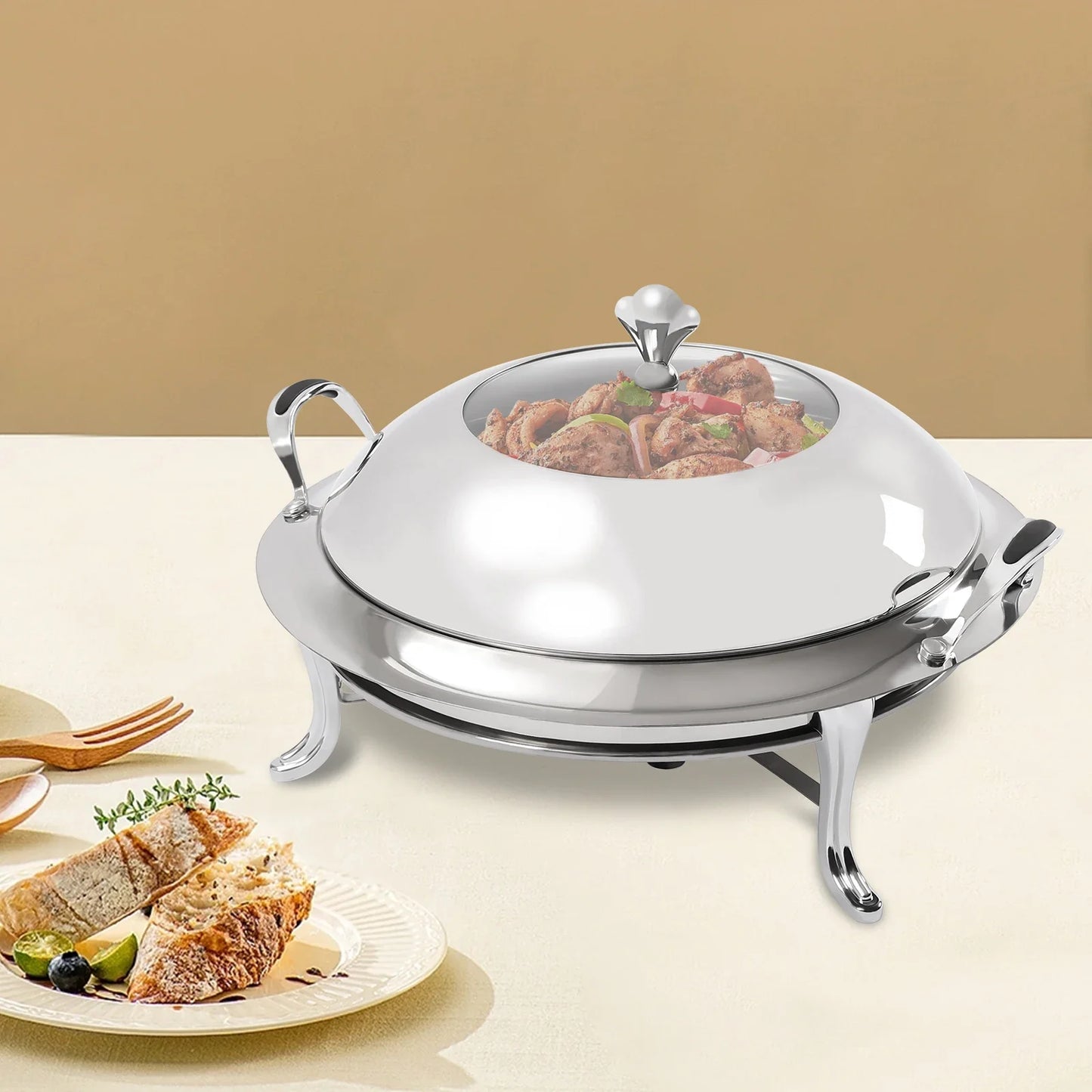 28cm Chafing Dish Stainless Steel Round Durable Buffet Warmer Tray Durable Frame with Lid and Chafing Fuel Holder for Kitchen
