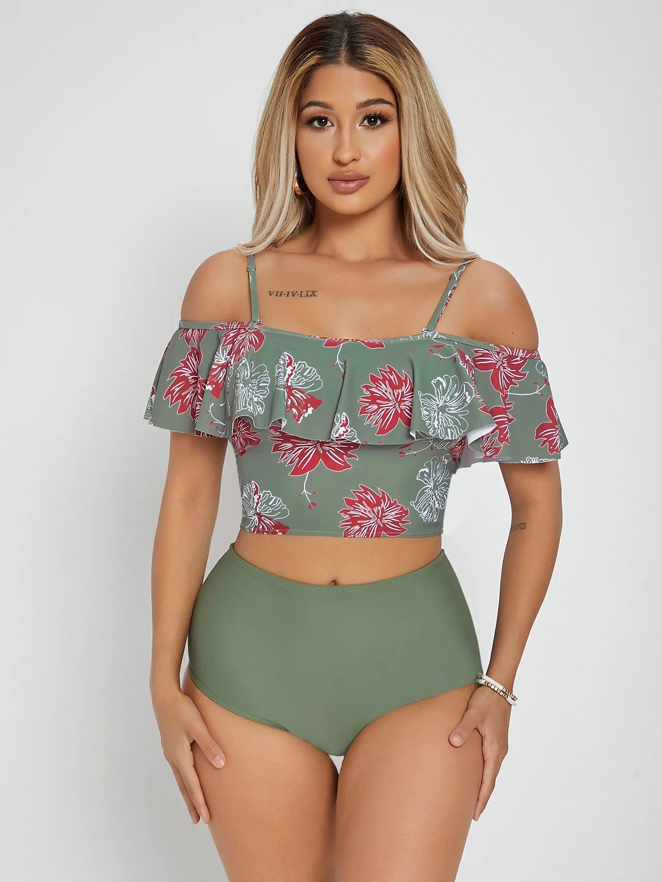 Flower Print Big Ruffle Two Piece Swimsuit