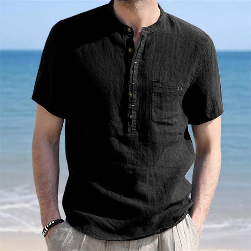 Men s Casual Fit Short Sleeve Linen Henley Shirt