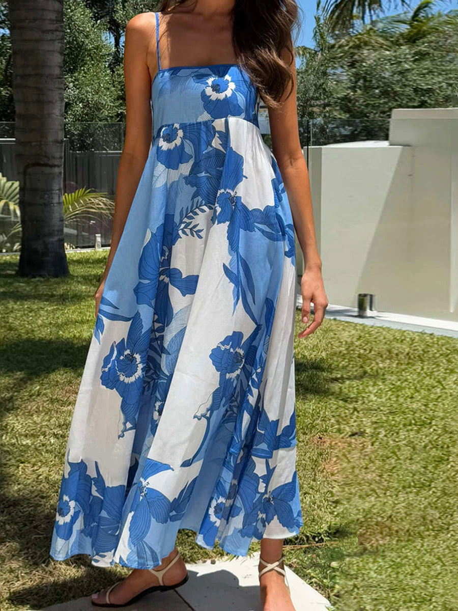 Elegant Floral Print Sleeveless Maxi Dress with Adjustable Spaghetti Straps