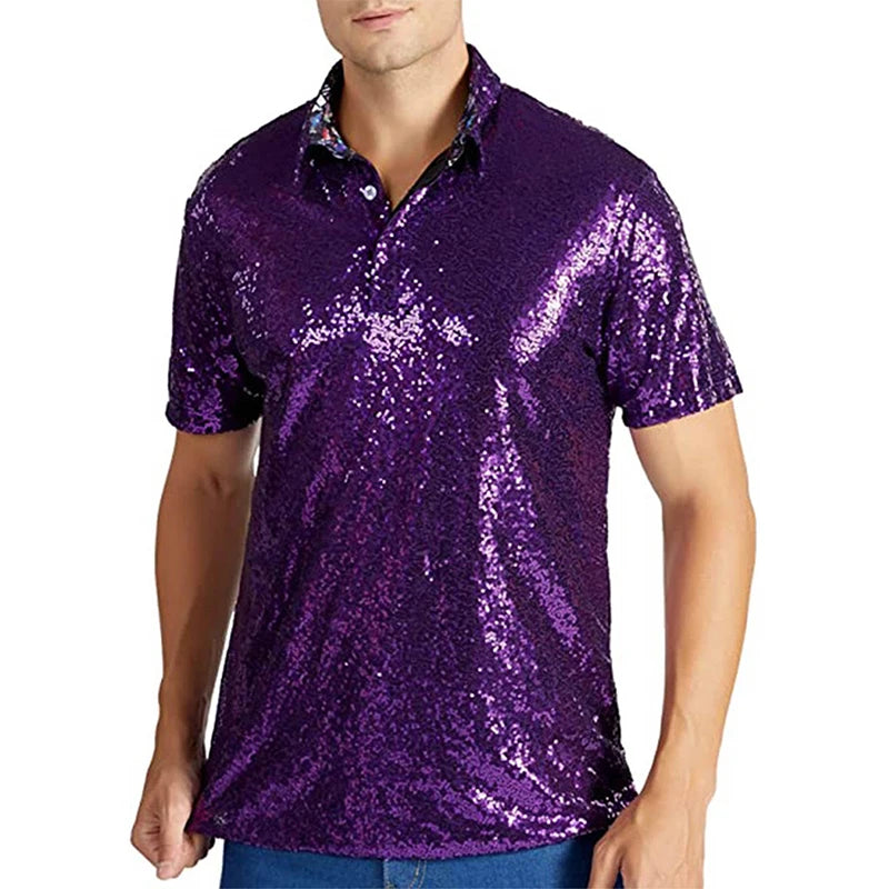 Men Sparkle Sequins Shirt Casual Vintage