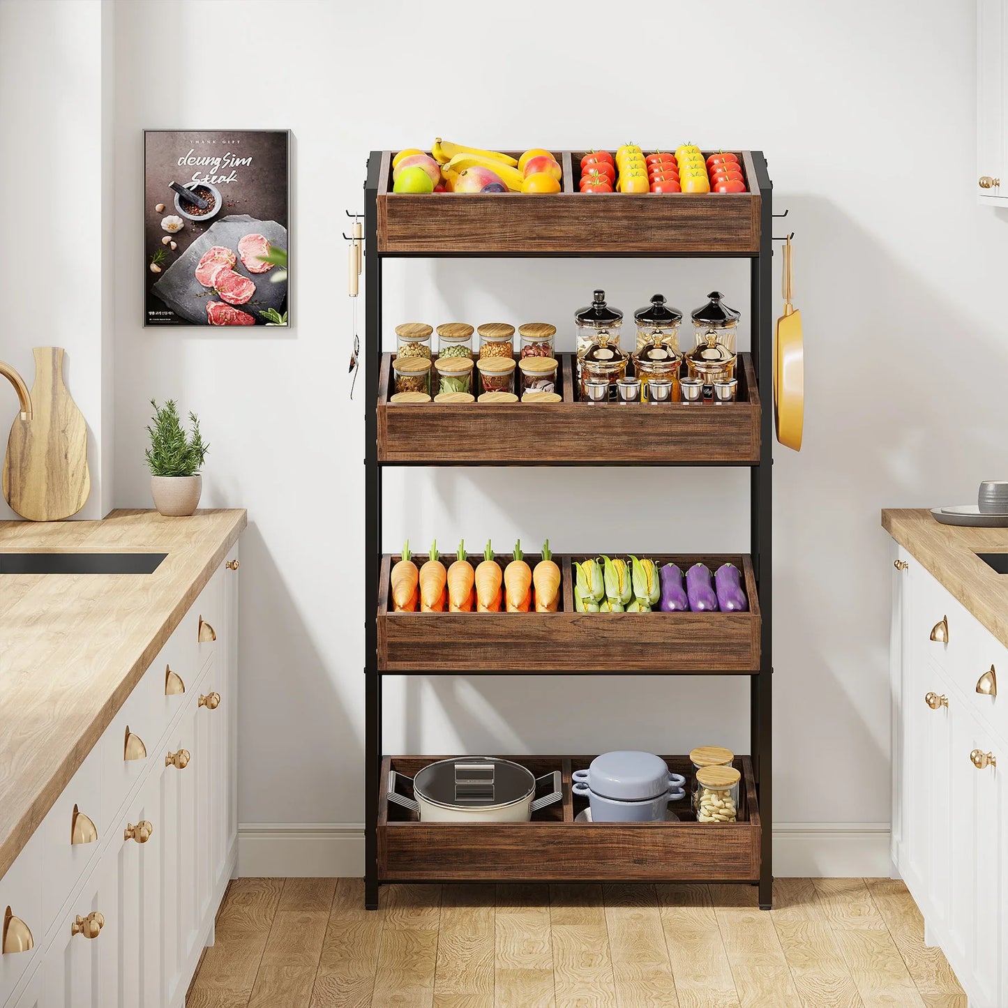 4-Tier Wood Utility Storage Shelves for Kitchen, Office, Store