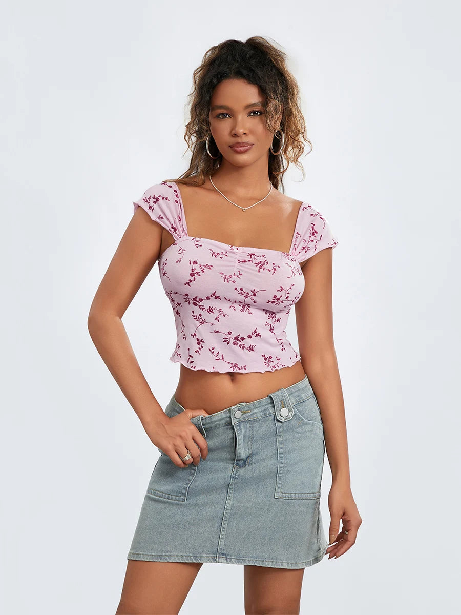 Women Crop Floral T-Shirts Summer Short Sleeve