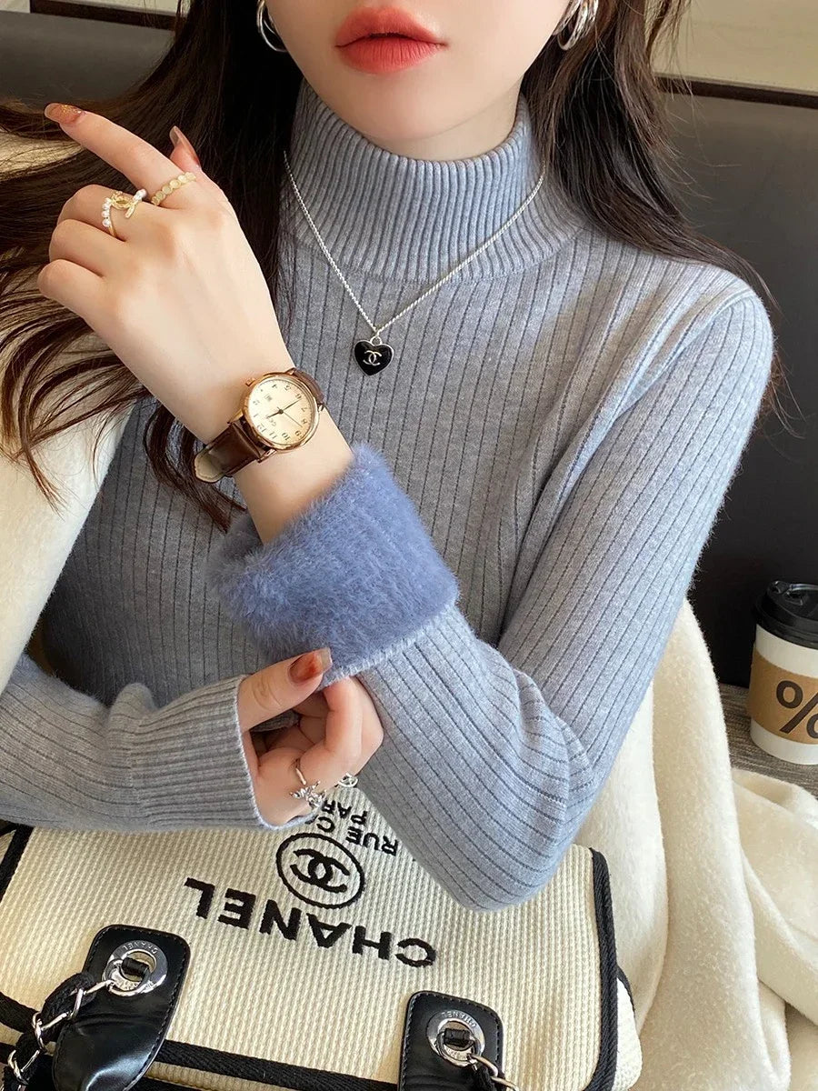 Sweater For Women Winter Turtleneck Slim Knit Pullover New Warm Plush Velvet Lined Knitwear