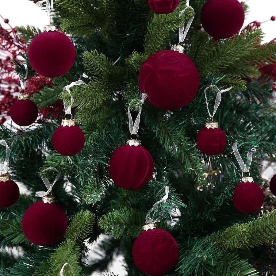 Velvet Christmas Ball Ornaments 46pcs Flocked Christmas Tree Decorations Set Assorted Shatterproof Hanging Ornaments with Loop