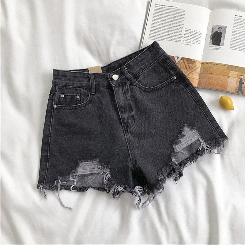 Korean Denim Holes Shorts For Women Fashion High WaistWide Leg Short Jeans