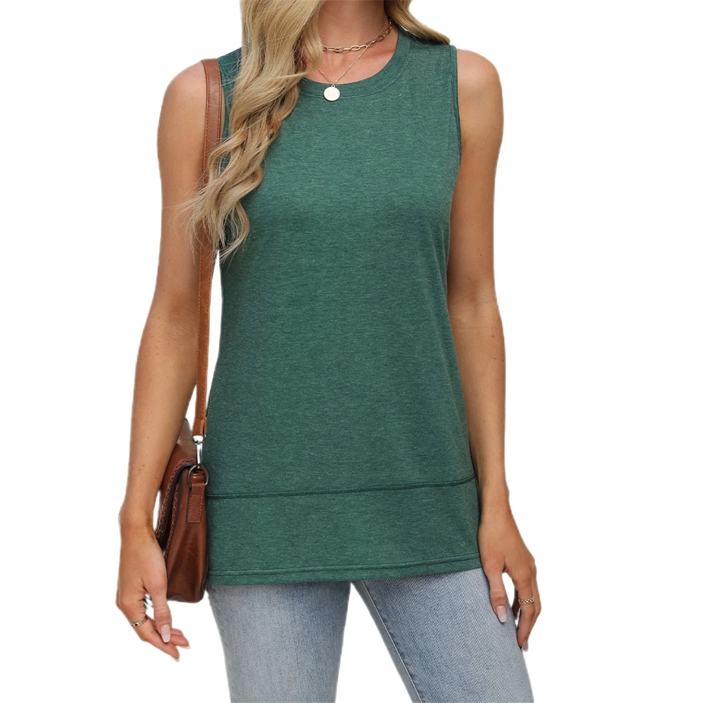 Sleeveless Round Neck Tunic Tank Tops