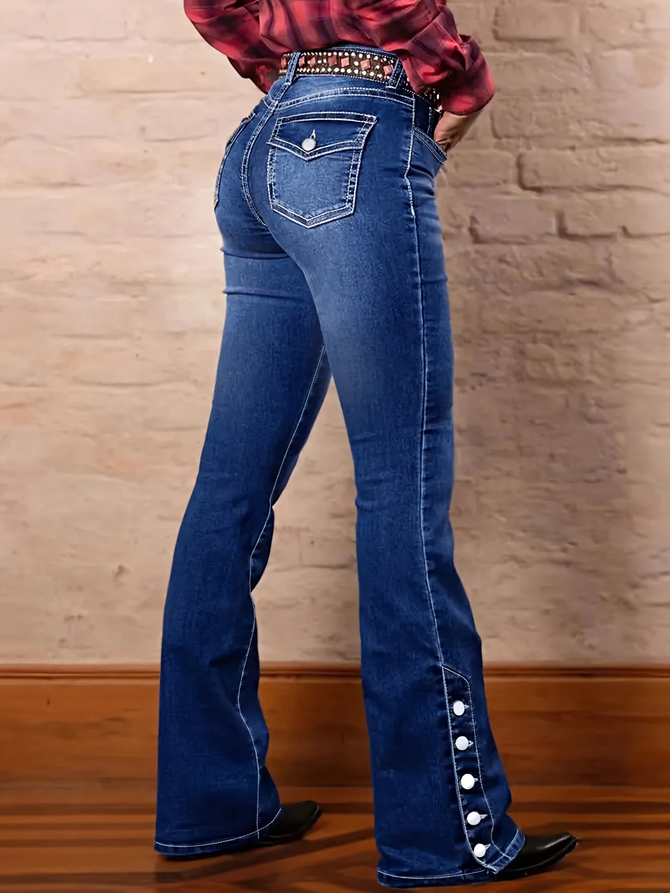 Large size blue flip back bag breasted slit pants