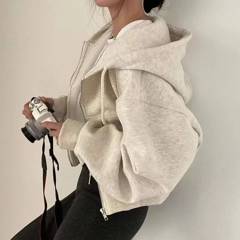Spring Autumn New Ins fleece-lined Versatile Cropped Slims Smooths Silhouette Zip-up Hooded Sweatshirt Women