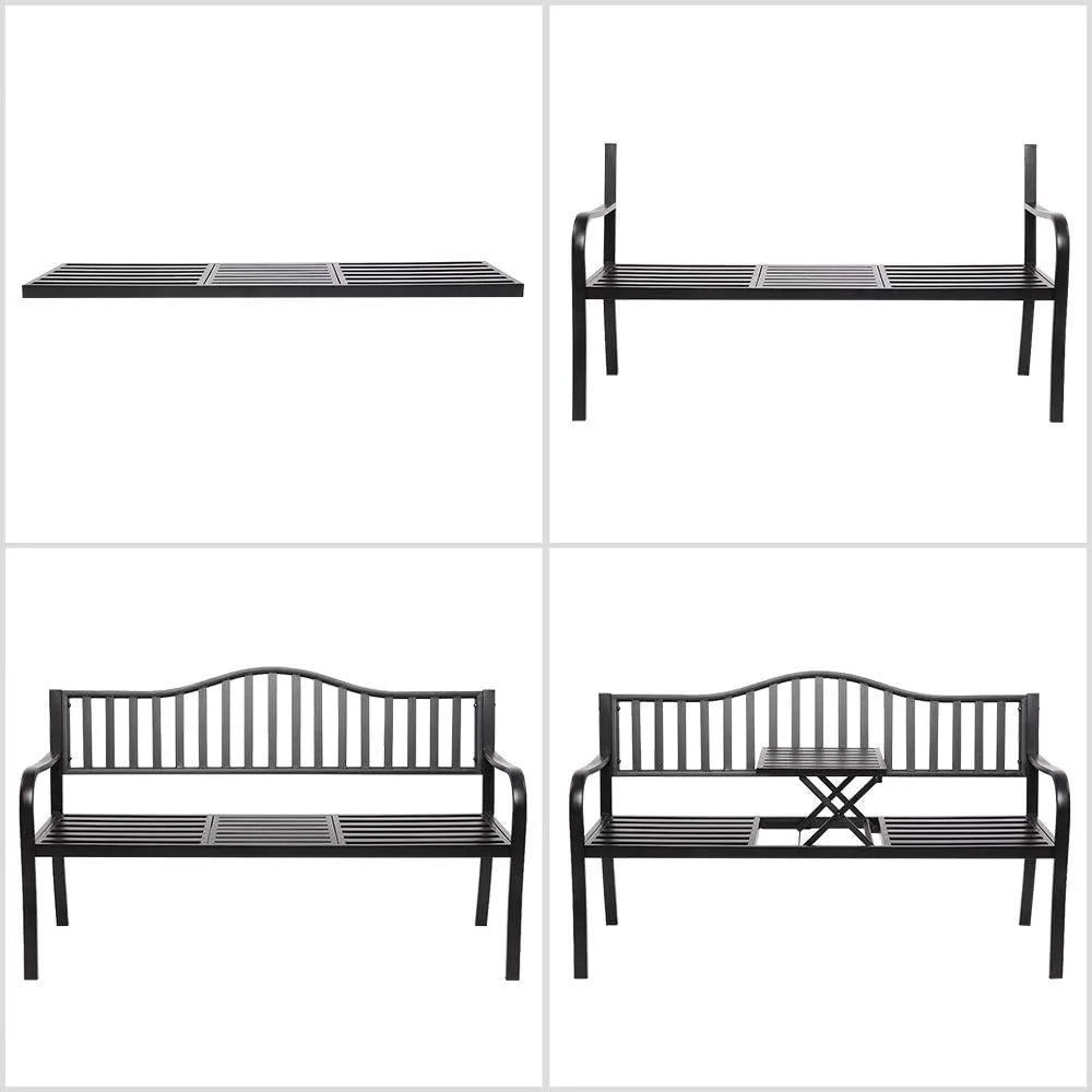 59" Outdoor Metal Bench Patio Bench with Built in Table Park Bench Garden Bench, Outside Benches