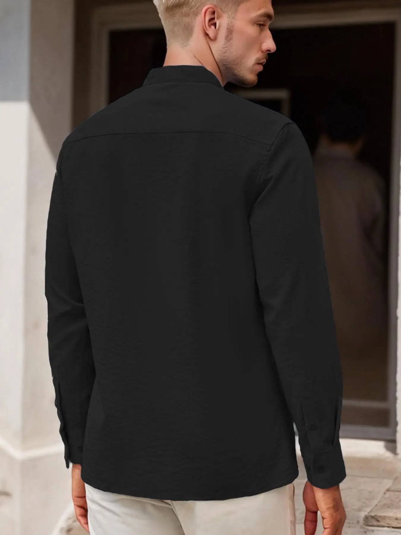 Men's Stand Collar Long Sleeve Casual Shirt,