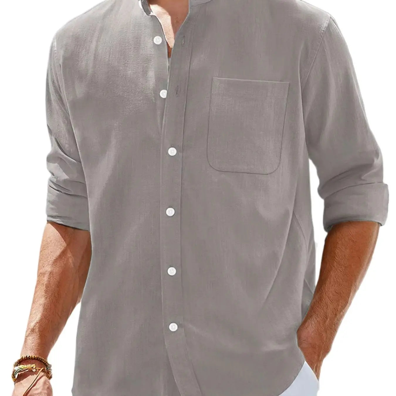 Men's Stand Collar Long Sleeve Casual Shirt,