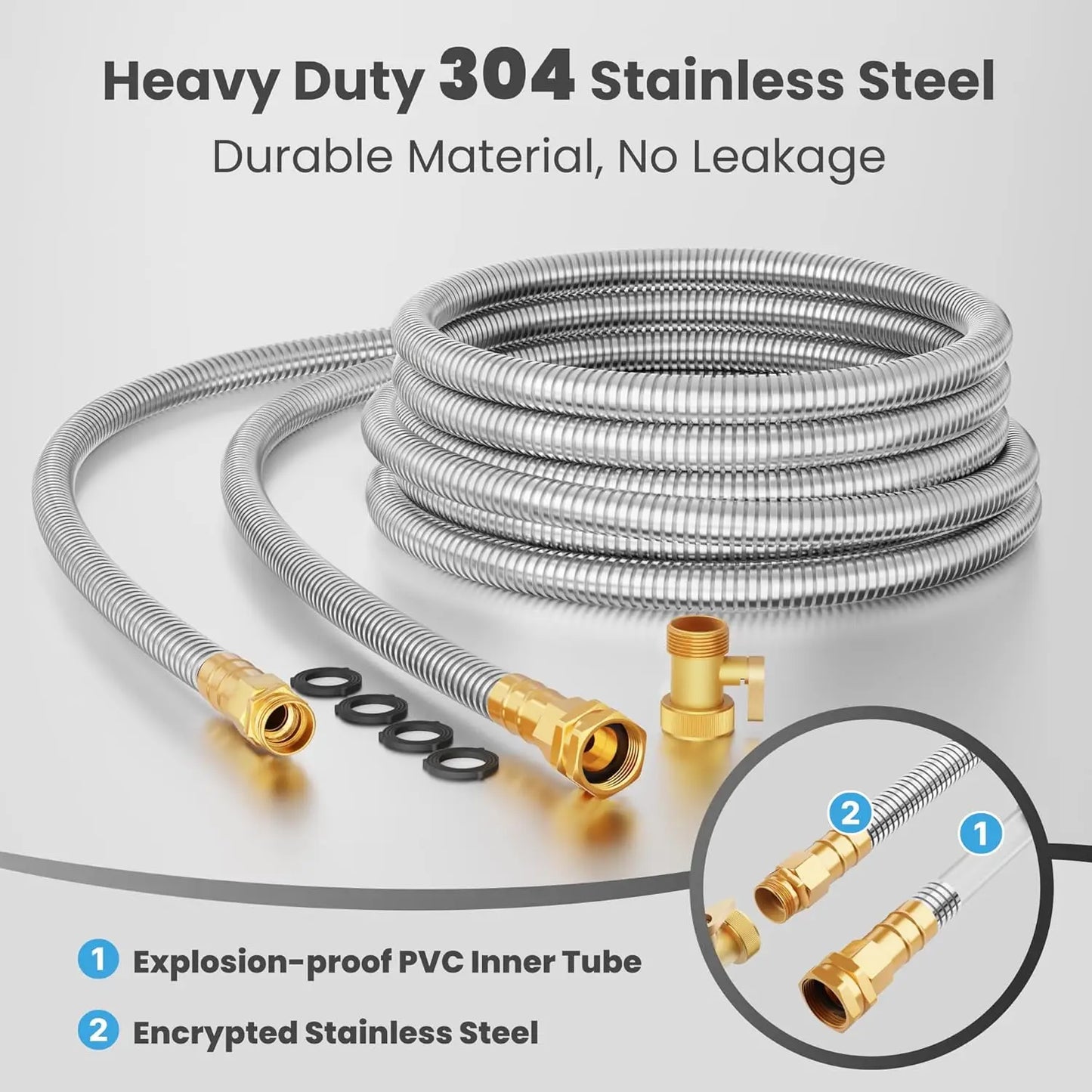 5/8" Garden Hose, Stainless Steel Metal Water Hose,