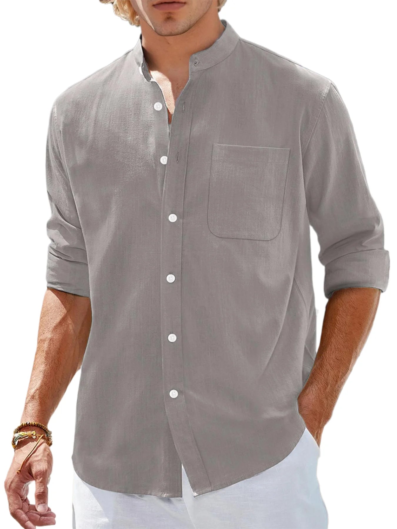 Men's Stand Collar Long Sleeve Casual Shirt,