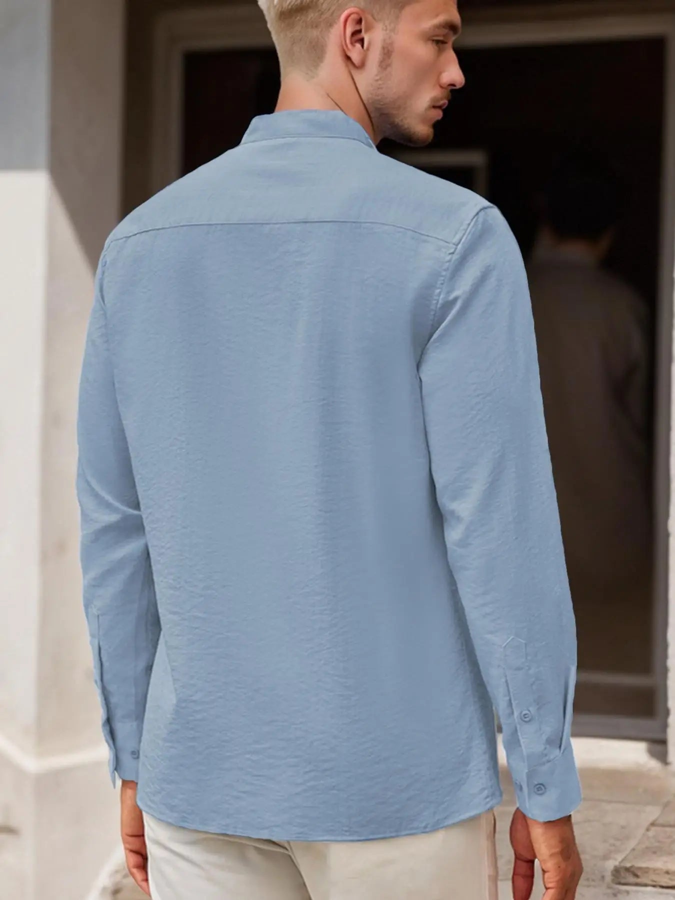 Men's Stand Collar Long Sleeve Casual Shirt,