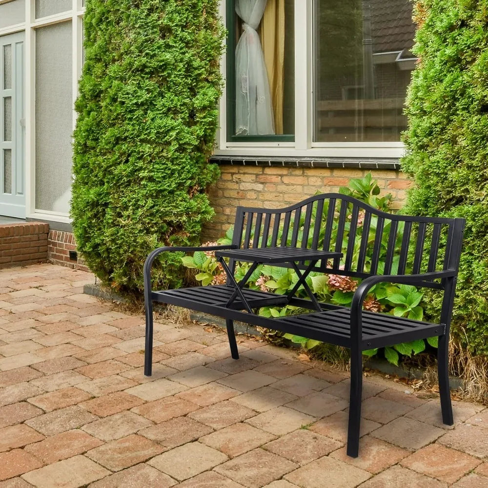 59" Outdoor Metal Bench Patio Bench with Built in Table Park Bench Garden Bench, Outside Benches