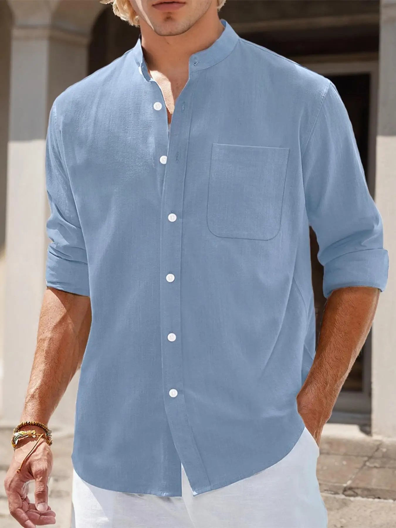 Men's Stand Collar Long Sleeve Casual Shirt,