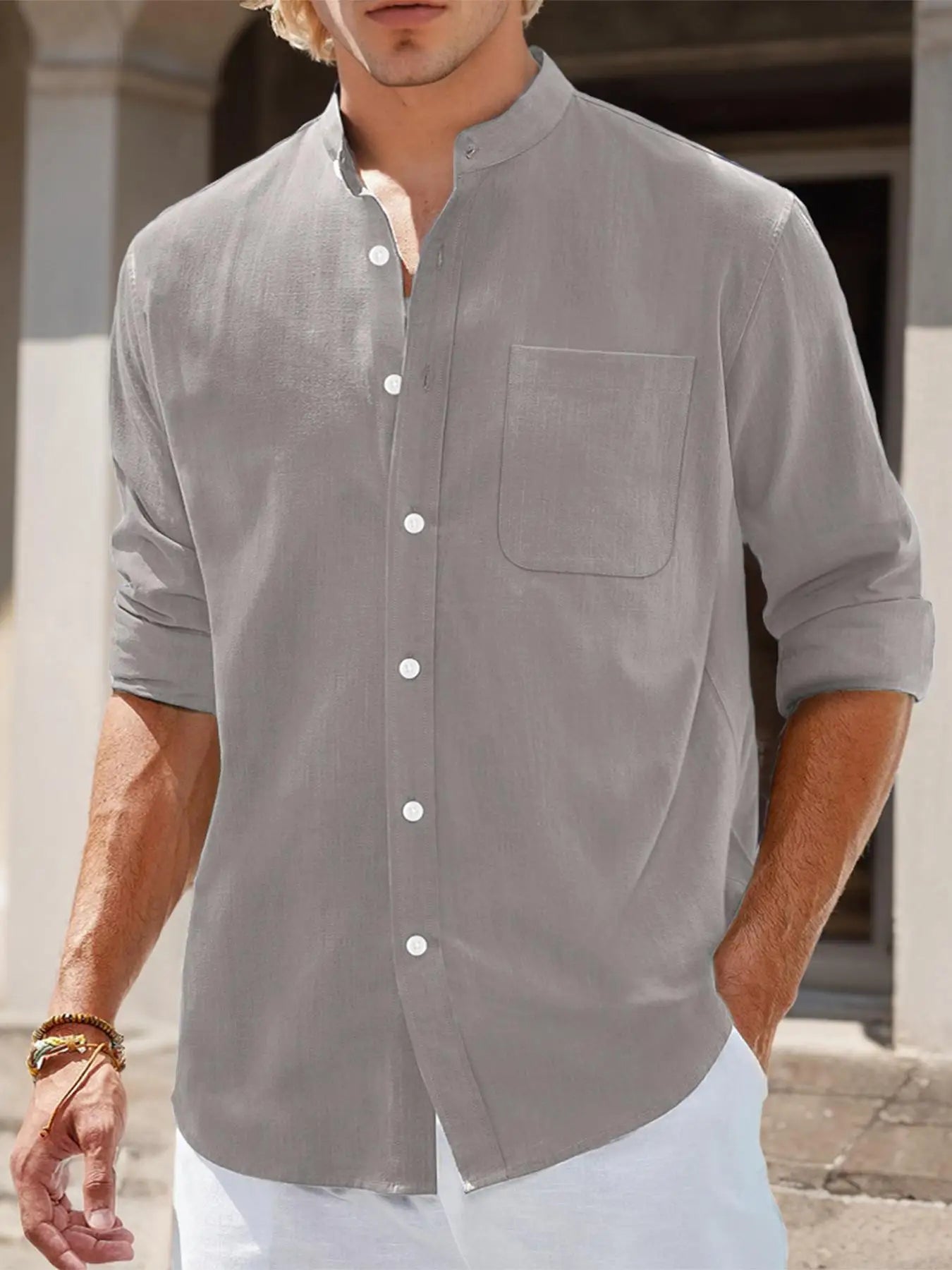 Men's Stand Collar Long Sleeve Casual Shirt,