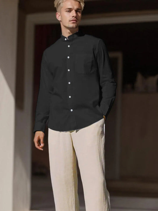 Men's Stand Collar Long Sleeve Casual Shirt,