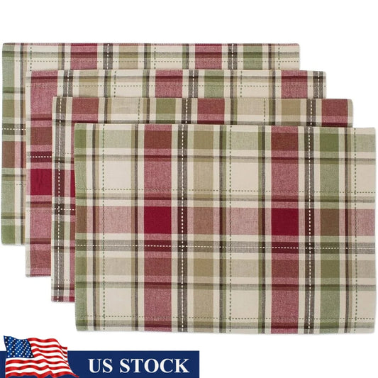 Reusable Cotton Fabric Placemat Set 13x19 Rustic Homespun Plaid Perfect Fall Thanksgiving Dining Table Decor 4 Pieces
