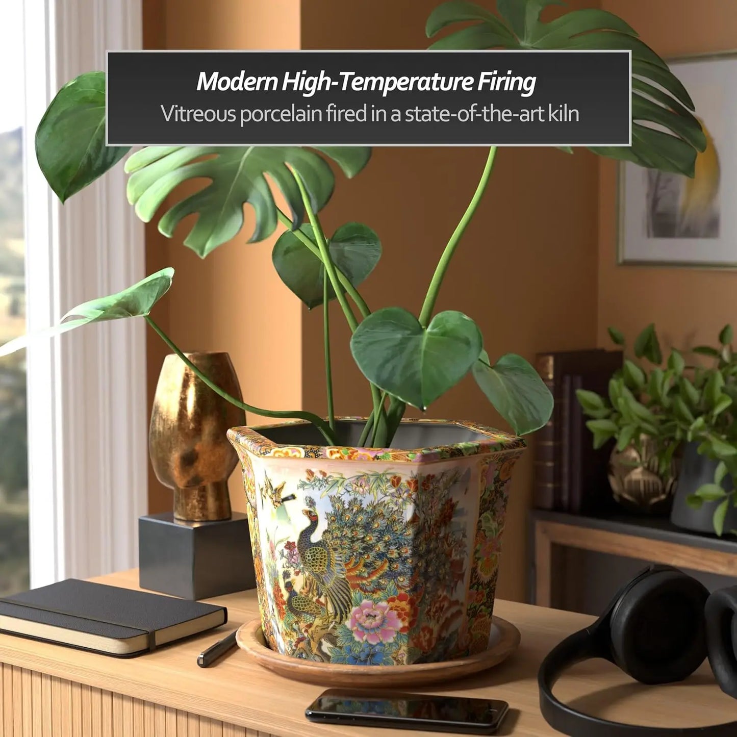 10" Hexagonal Porcelain Flower Pot with Hand-Painted Peacock & Floral Design, Indoor/Outdoor Plant Decor