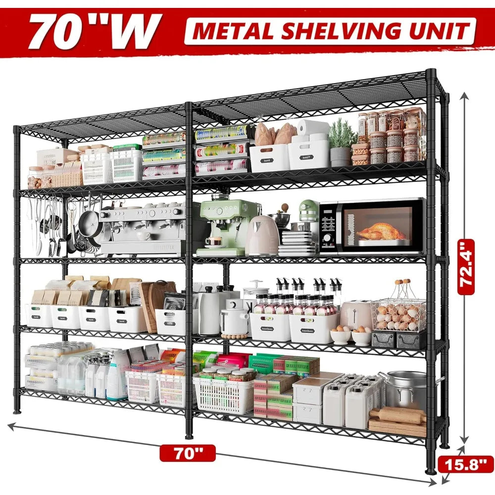 70"W Storage Shelves Load 1600LBS, Metal Shelving 5-tier Wire Shelving Unit Metal Shelves for Storage Adjustable Garage Shelving