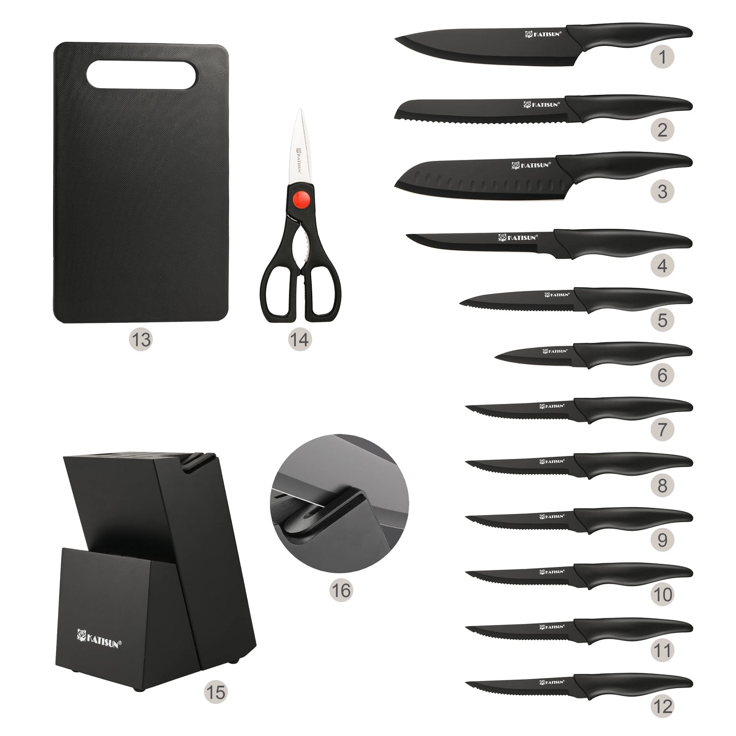 16 Pieces Carbon Steel Kitchen Knife Block Set with Cutting Board, Inner Sharpener, and 6 Steak Knives, Dishwasher Safe