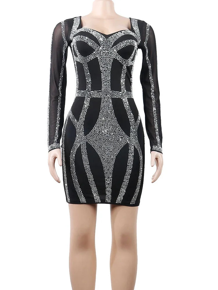 Women's Sparkle Black Rhinestone Bodycon Mini Dress Mesh Sleeve Sequins Night Dresses Special Occasion Outfits