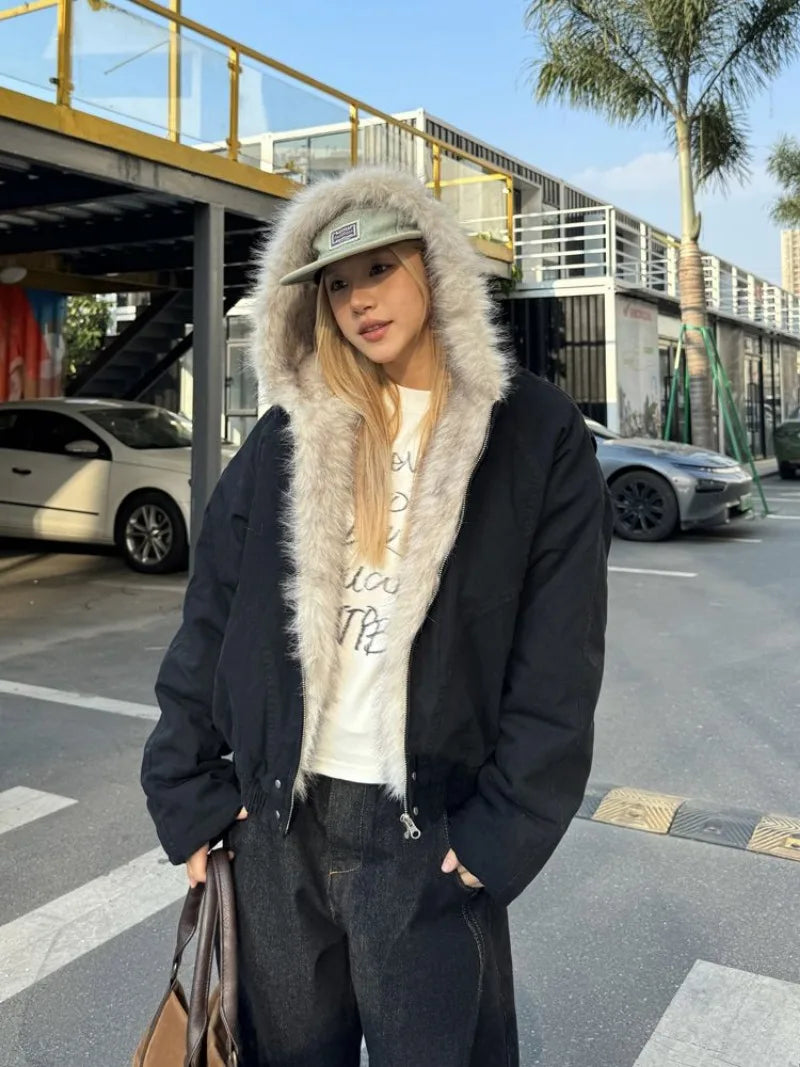 American Retro Fur Collar Hooded Jacket Women Streetwear Winter New Velvet Thickened Warm Loose Casual Jacket