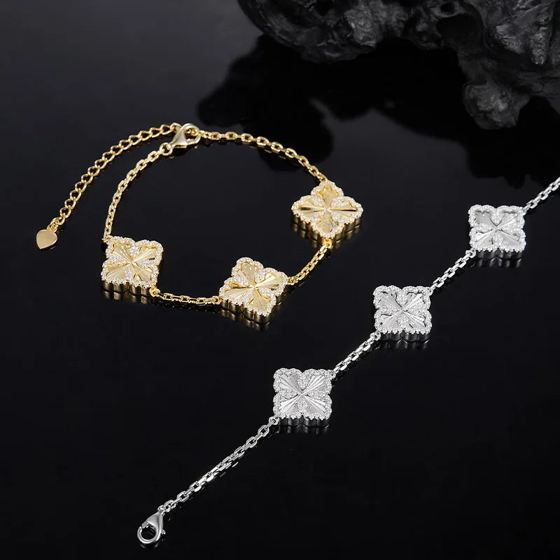 S925 Sterling Silver Four Leaf Clover Moissanite Bracelet for Women 18K Gold Plated 1.0/1.5mm D Color Lab Diamond Adjustable