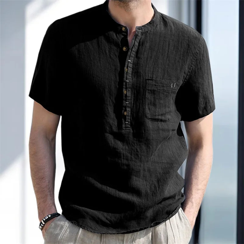Men s Casual  Fit Short Sleeve Linen Henley Shirt