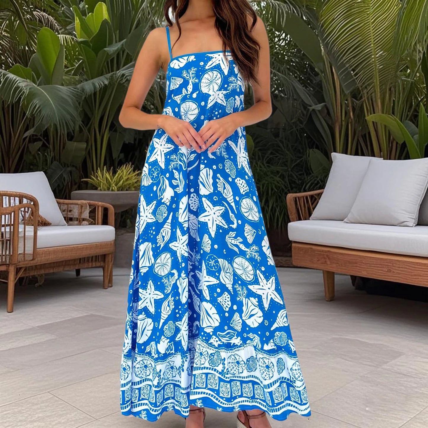 Elegant Floral Print Sleeveless Maxi Dress with Adjustable Spaghetti Straps