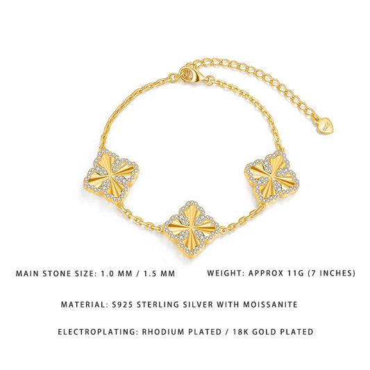 S925 Sterling Silver Four Leaf Clover Moissanite Bracelet for Women 18K Gold Plated 1.0/1.5mm D Color Lab Diamond Adjustable