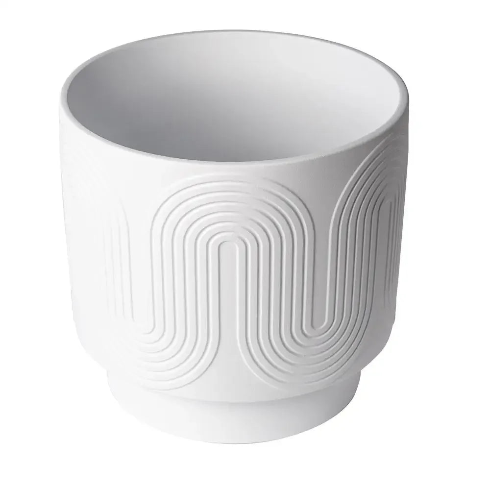 12" White Ceramic Planter Grooved Wave Design