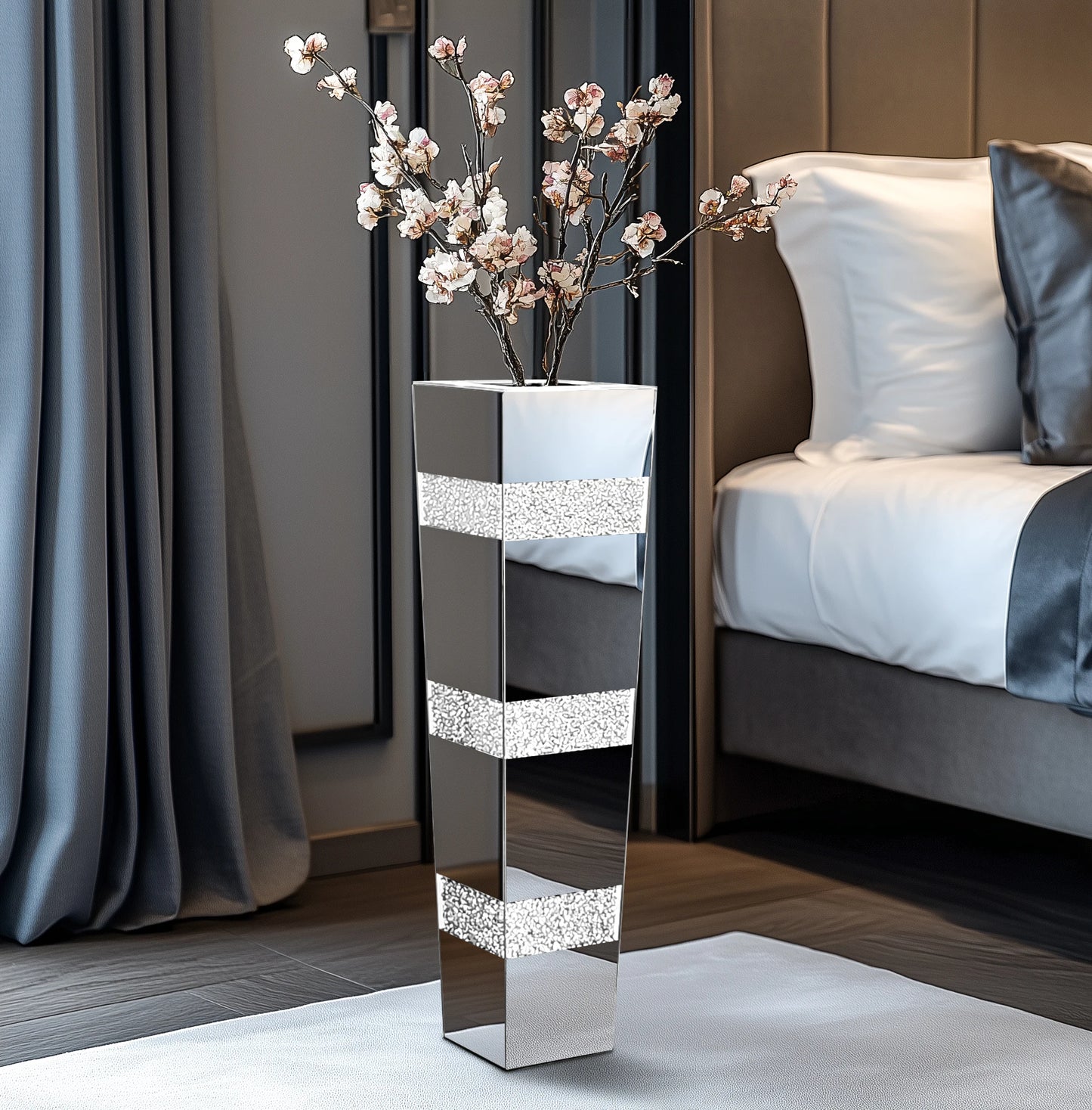 Tall Floor Mirror Vase, Large Crushed Diamond Glass Vase for Home Decor Modern Crystal Centerpiece