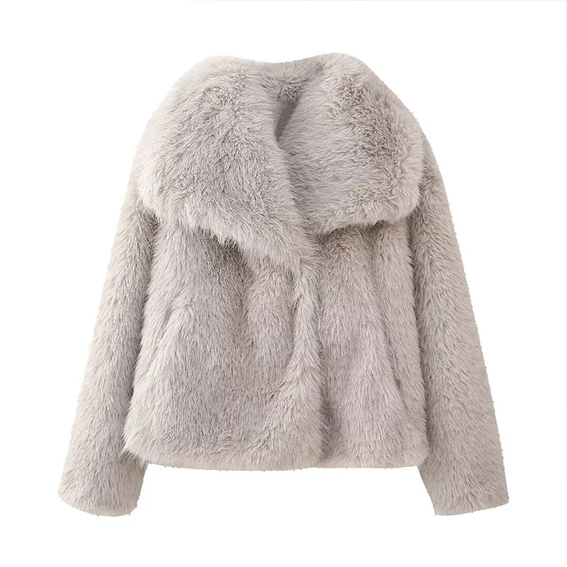 Autumn Winter Women Casual Faux Fur Jackets Fashion Streetwear Solid Oversized Turn Down Collar Elegant Thick Coats