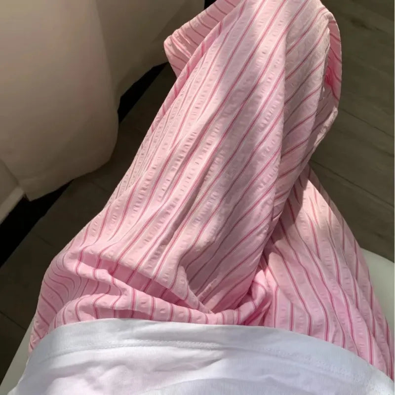 Casual Striped  Drawstring Straight Pant  Women Loose Holiday Pants Preppy Sweet Pink High Waist Office Trousers