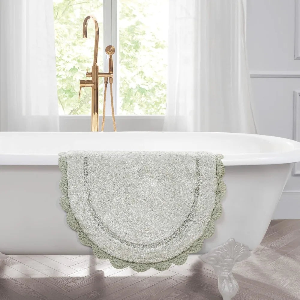 Soft 100% Cotton Oval Bath Mat with Crochet Border, Absorbent & Skid-Resistant, Sea Foam 24x60 Bathroom Rug for Elegant Home