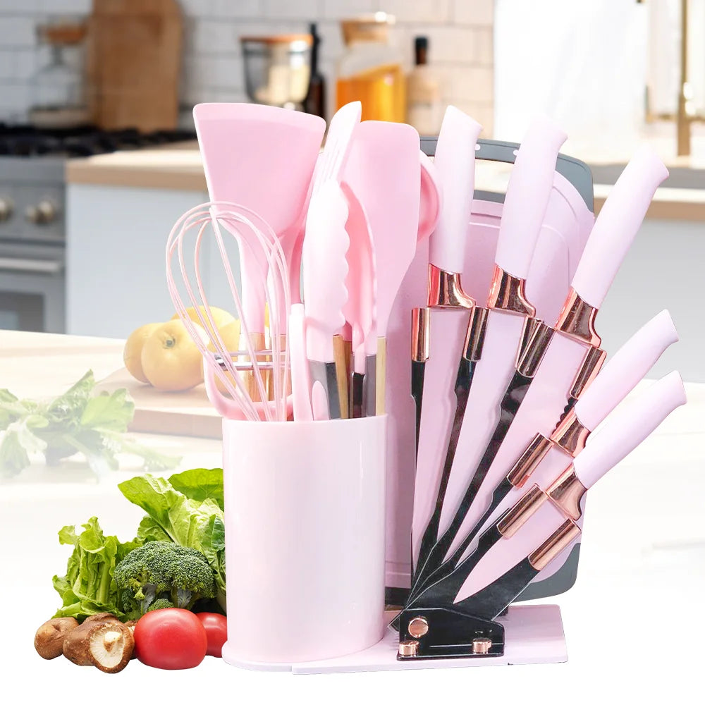 MDHAND 20pcs Heat-Resistant Silicone Kitchen Utensil Set with Wooden Handles Knives Soup Spoon with Scissors Hassle-Free Cooking