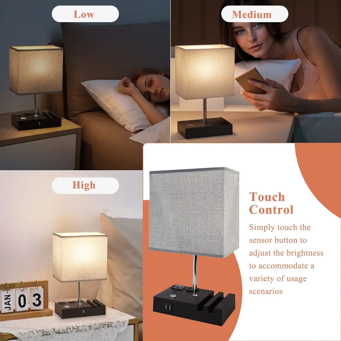 15.7" Bedside Table Lamp for Bedroom, Dual Fast USB Charging Ports, Fully Dimmable Nightstand Lamps