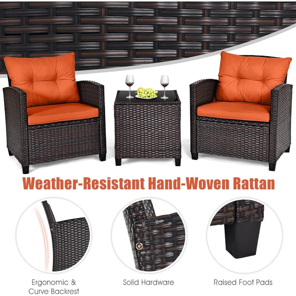 3 Pieces Patio Furniture Set Outdoor Furniture Rattan Wicker Chairs and Table Set, Washable Cushions Tempered Glass Coffee Table