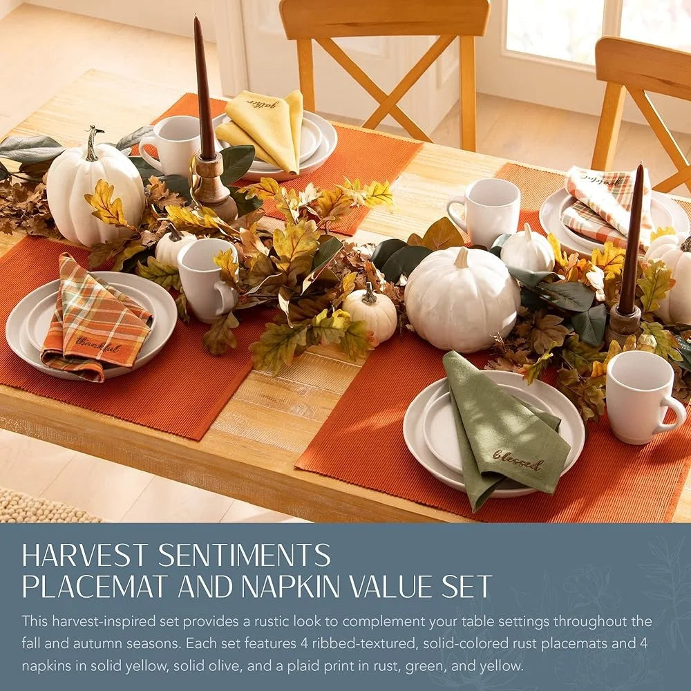 Autumn Cotton Napkin and Placemats Set 8 Pieces Thanksgiving Table Decor Ribbed Textured Cloth Easy Care